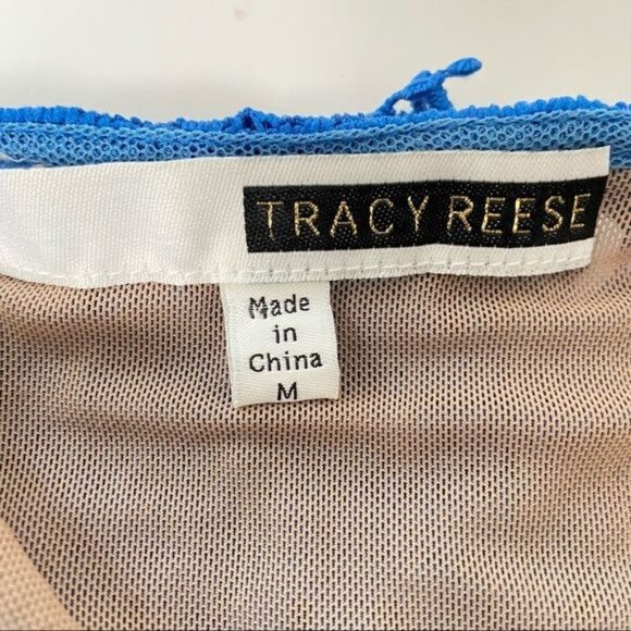 Tracy Reese Womens Blue Lace Short Sleeve Tee Top Scoop Back Flounce Hem size M - Picture 11 of 13